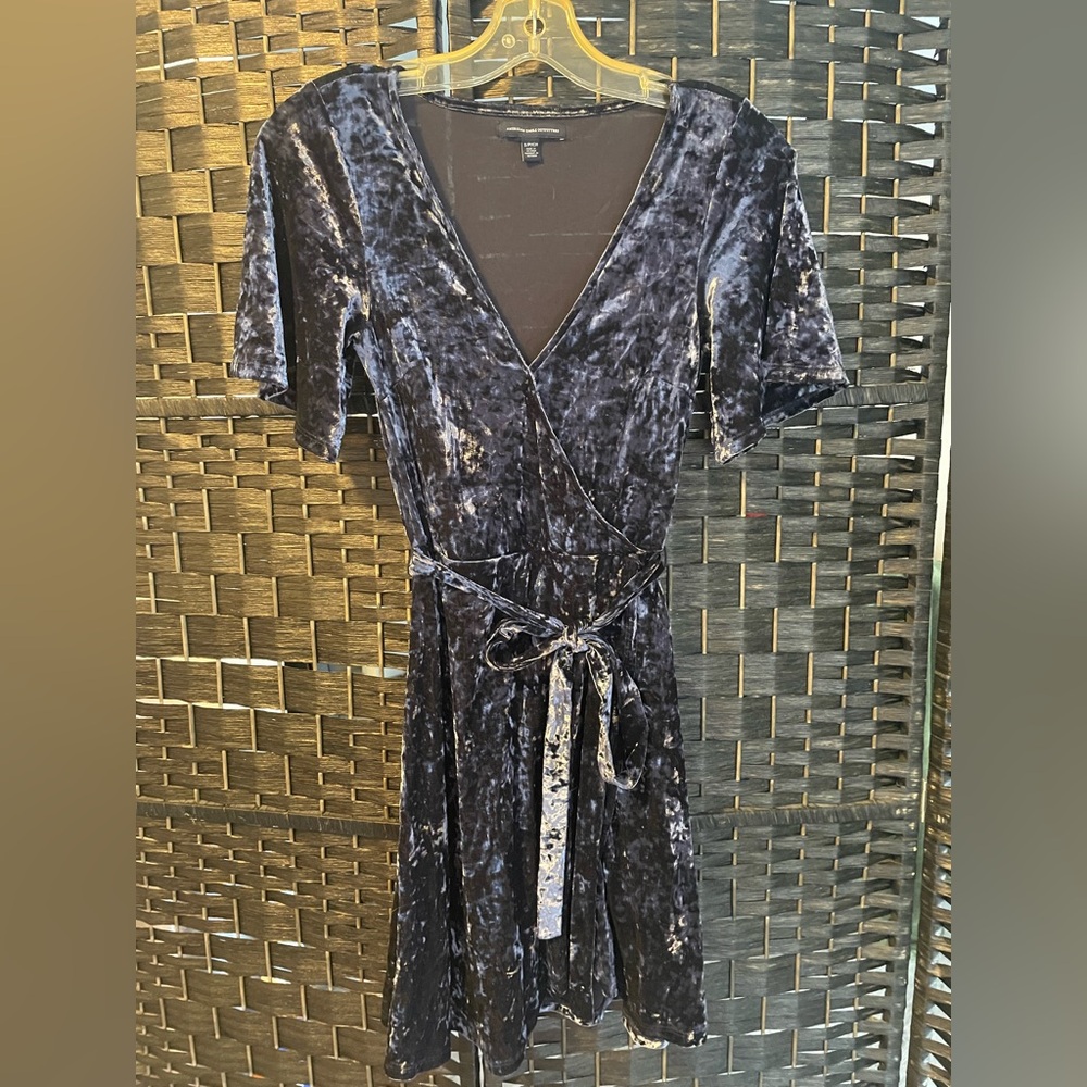 American Eagle Outfitters Crushed Velvet Wrap Midi Dress - Dark Blue